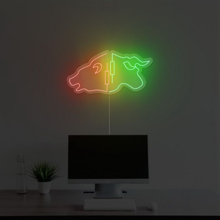 Abstraktes LED Neonschild mit Stier und Bär Motiv als moderne Wanddekoration