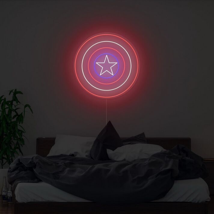 Rundes LED Neonschild mit Stern und geometrischen Kreisen als moderne Wandbeleuchtung für Schlafzimmer oder Wohnräume