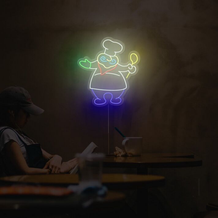 LED Neonschild fröhlicher Koch als leuchtende Wanddekoration für Küche Café oder Restaurant
