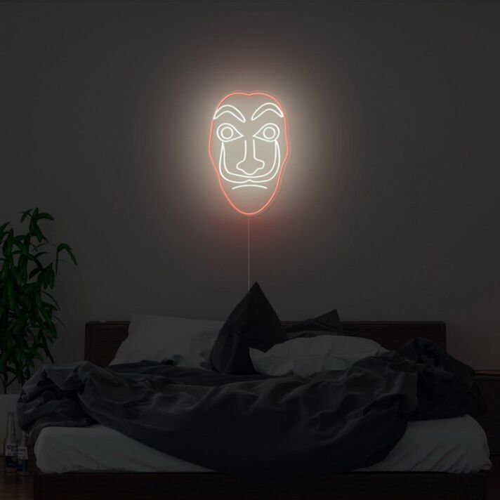 Abstraktes LED Neonschild mit Masken Gesicht als moderne Wanddekoration für Schlafzimmer oder Studio