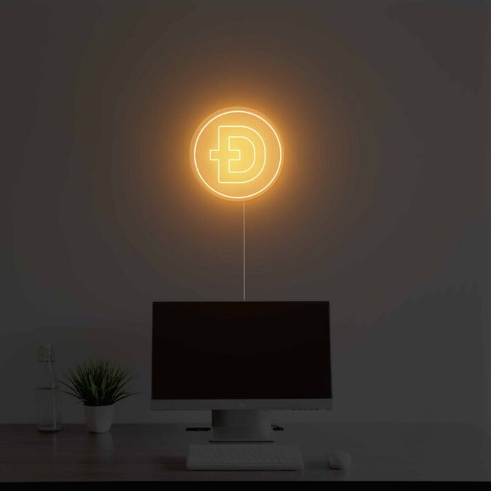 Rundes LED Neonschild mit Dogecoin Symbol für Gaming Zimmer Home Office oder digitale Dekoration