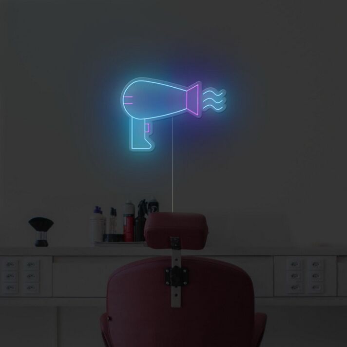 Modernes LED Neonschild mit Föhn Motiv für Friseursalon Barbershop oder stilvolle Wanddekoration