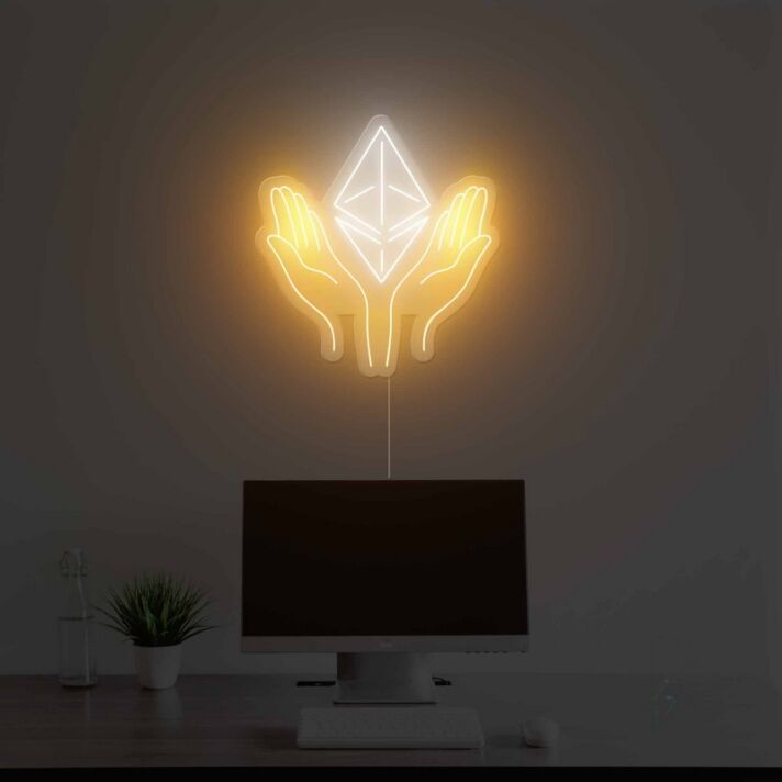Abstraktes LED Neonschild mit geometrischem Symbol und schützender Handform für moderne Wanddekoration im Wohn oder Arbeitsbereich