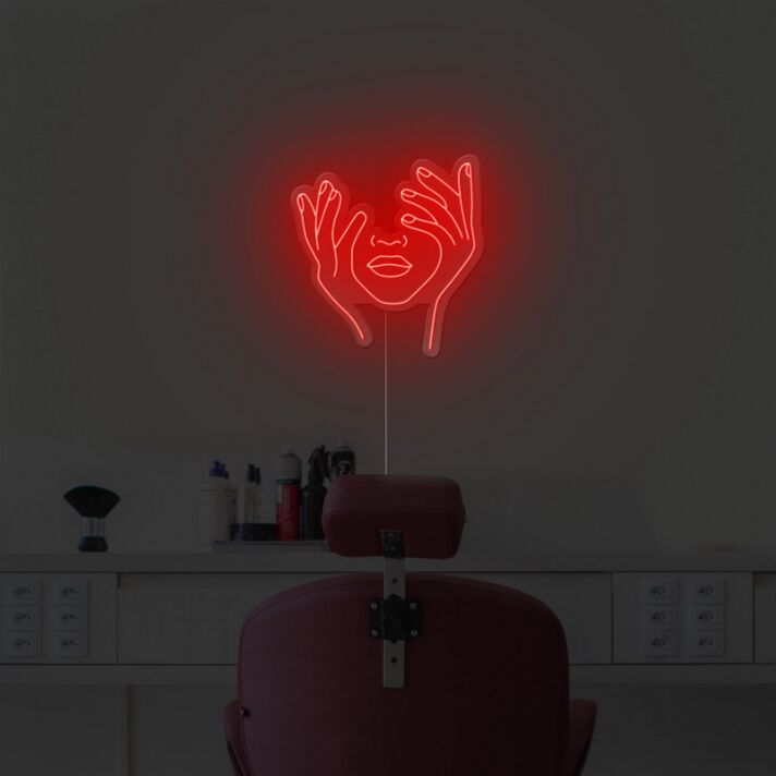 Abstraktes LED Neonschild mit stilisiertem Gesicht und schützender Handgeste als moderne Wanddekoration für Wohnzimmer Atelier oder kreativen Arbeitsraum