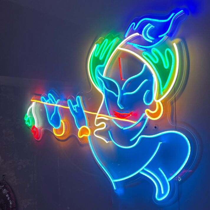 Abstraktes LED Neonschild Flötenspieler moderne Linienkunst farbige Wandbeleuchtung für Wohnzimmer Studio kreative Räume oder künstlerisches Interior Design