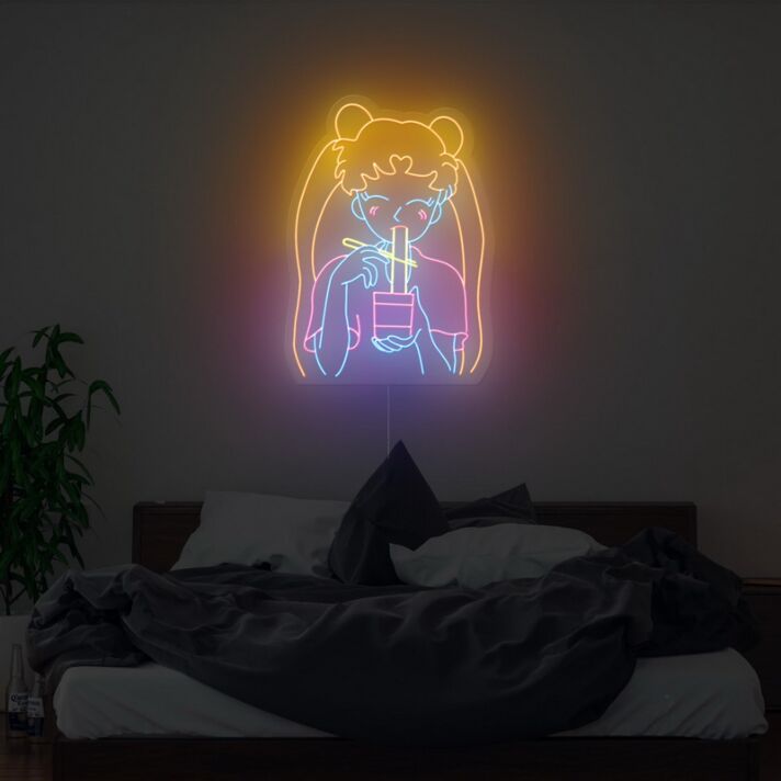 Anime Stil Mädchen LED Neonschild Kreative Wandbeleuchtung mit Getränk Motiv für Schlafzimmer Studio und Jugendzimmer