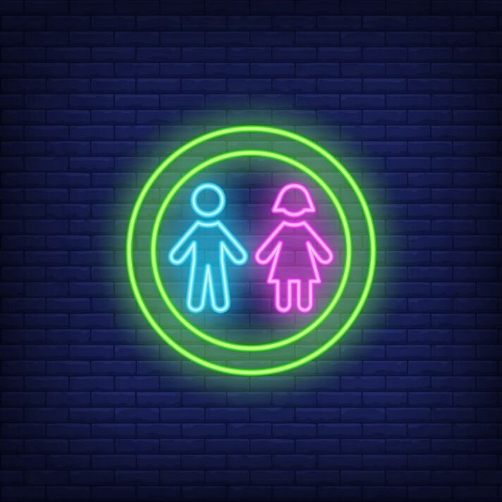Modernes LED Neonschild mit Mann und Frau Symbol im Kreis für Bar Studio Geschäft und Wohnraum