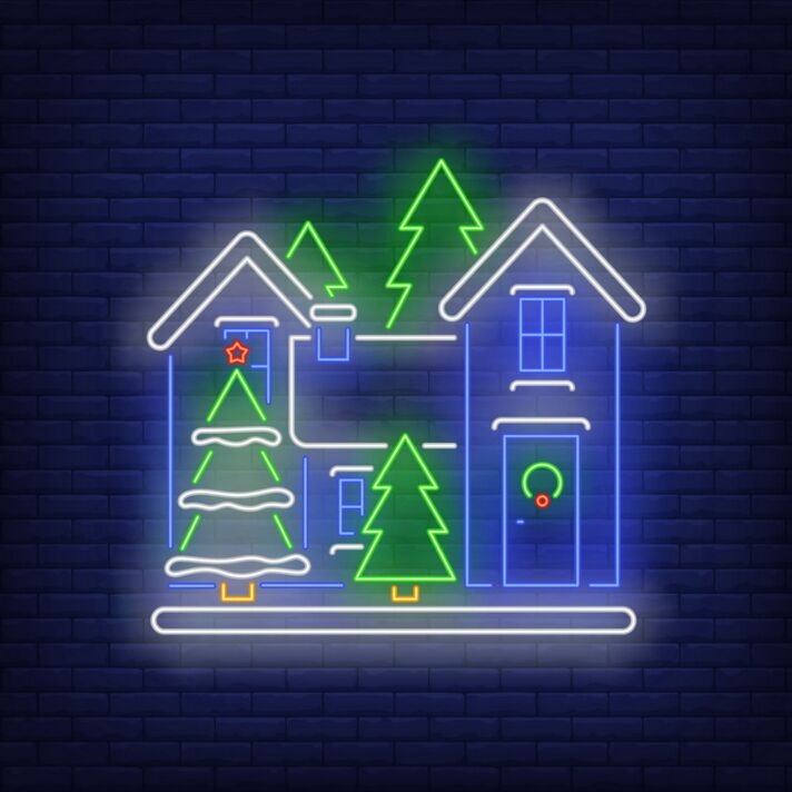Dekoratives LED Neonschild mit Weihnachtsdorf Häusern und Tannenbäumen für winterliche und festliche Raumgestaltung