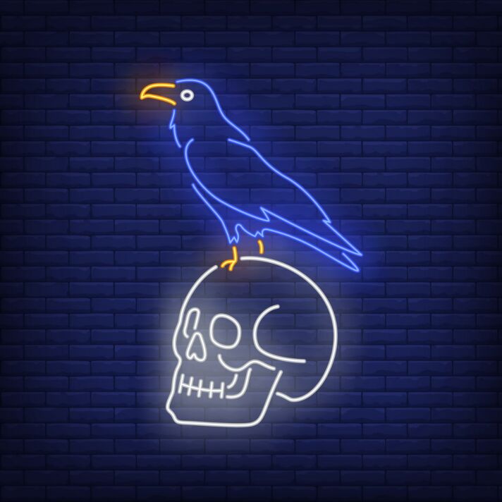 Dekoratives LED Neonschild mit Rabe und Totenkopf Motiv für moderne dunkle Raumgestaltung