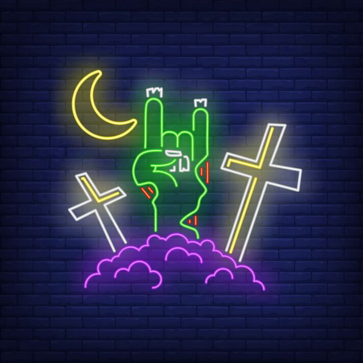 Dekoratives LED Neonschild mit mystischem Hand Symbol Wolken Mond und Kreuz für kreative Raumgestaltung