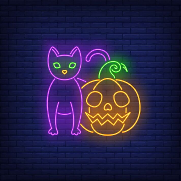 Dekoratives LED Neonschild mit Katze und Kürbis Motiv für Halloween Party Herbstdekoration und stimmungsvolle Raumgestaltung