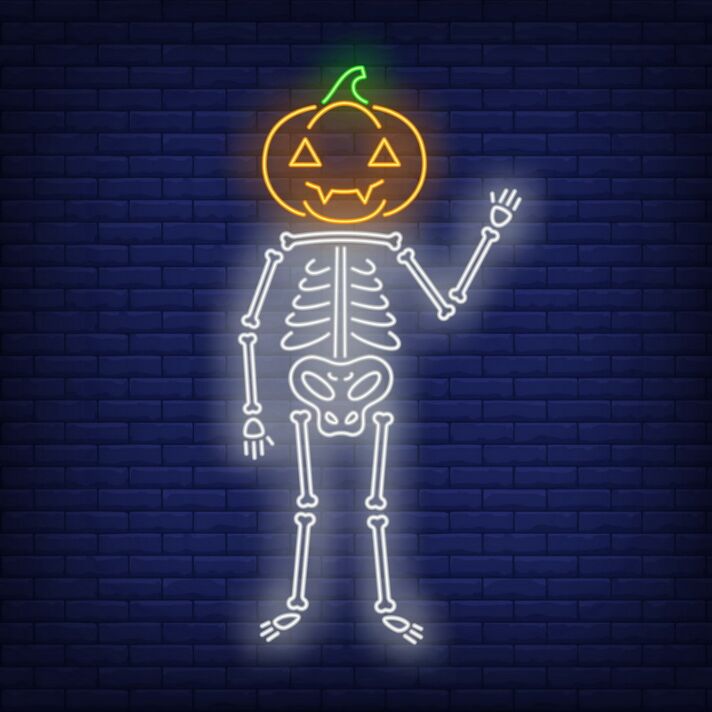 Dekoratives LED Neonschild mit Kürbis und Skelett Motiv für Halloween Wanddekoration und festliche Beleuchtung