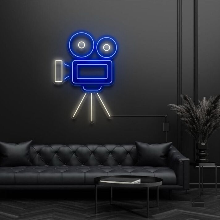 Modernes LED Neonschild mit Filmkamera Design für Wohnzimmer Home Office Studio und kreative Wanddekoration
