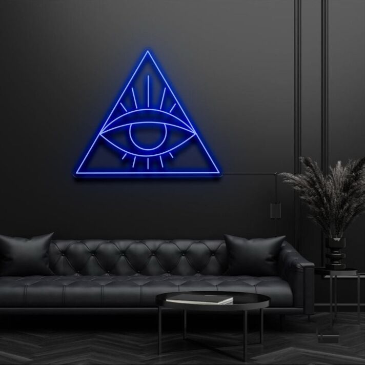 Modernes LED Neonschild mit geometrischem Augen Motiv im Dreieck für modernes Interior Design und stilvolle Wanddekoration