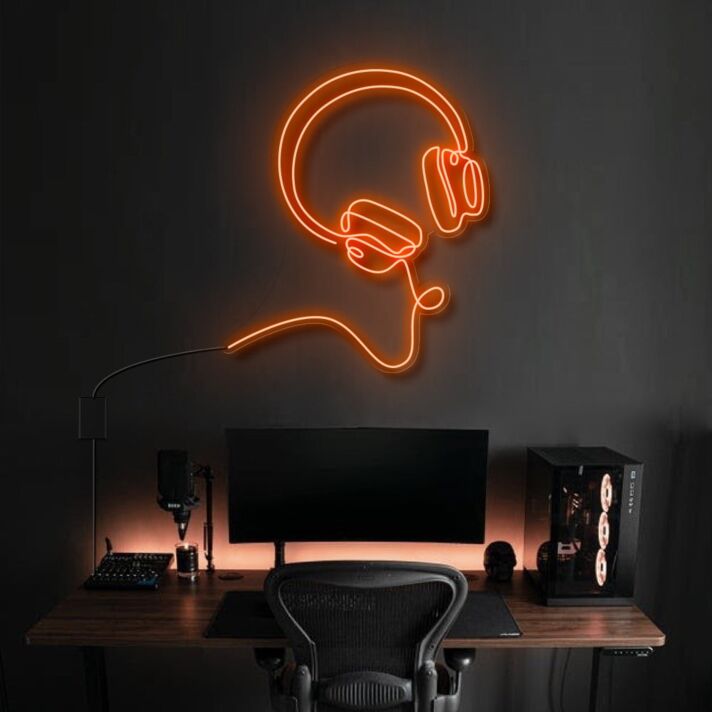 Modernes LED Neonschild mit Kopfhörer und abstraktem Gesichtsprofil als stilvolle Wanddekoration für Musikzimmer, Gaming Setup oder Home Office