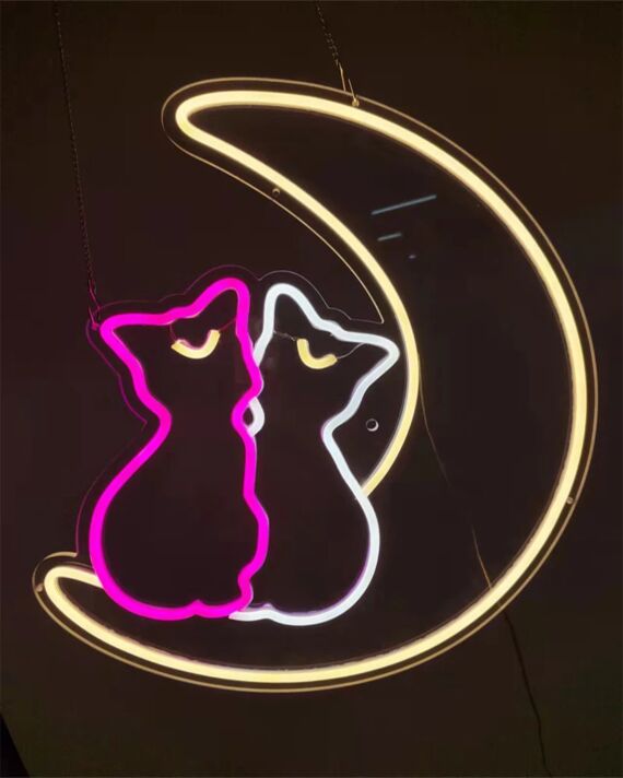 Zwei Katzen im Mond LED Neonschild für Schlafzimmer und gemütliche Wanddekoration