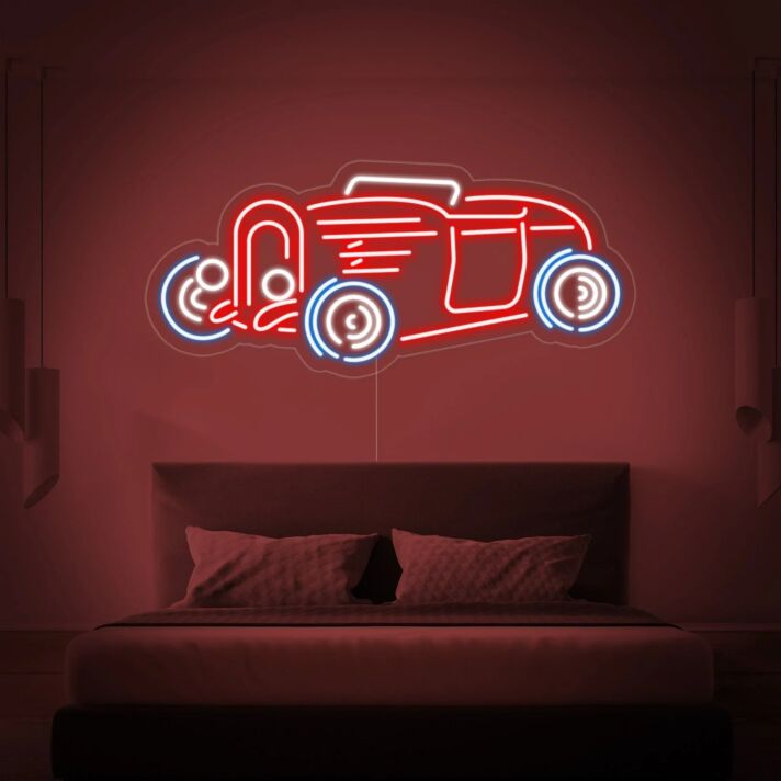 Rotes Hot Rod Auto LED Neonschild im Retro Stil als auffällige Wanddekoration für Schlafzimmer Garage oder Hobbyraum