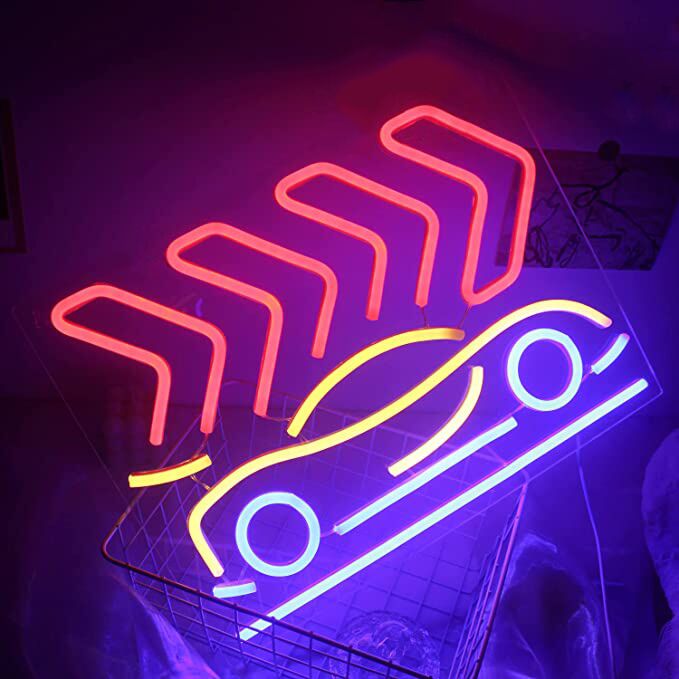Retro Auto LED Neonschild mit Hitze Linien als auffällige Wanddekoration für Garage Männerzimmer oder Hobbyraum