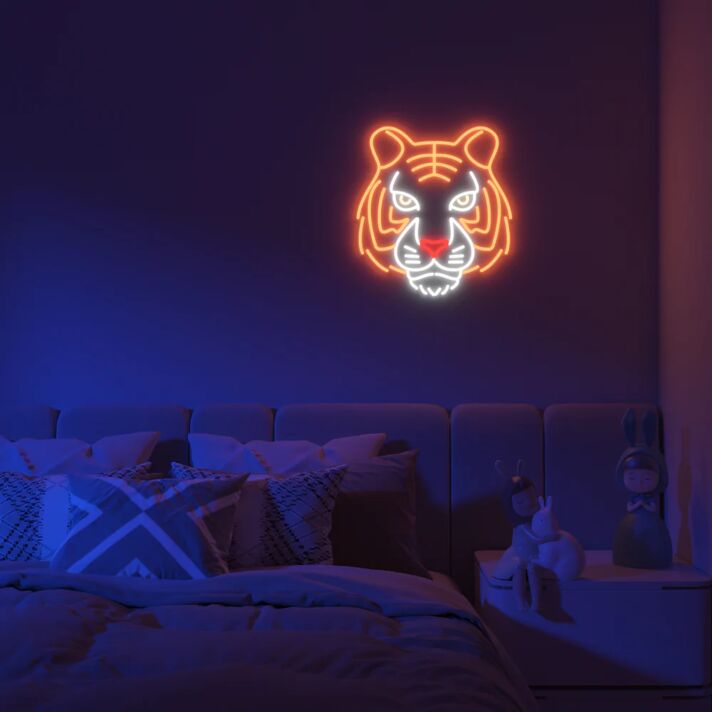 Leuchtendes Tigerkopf Motiv LED Neonschild im modernen Linien Design als stilvolle Wanddekoration für Schlafzimmer und Wohnräume