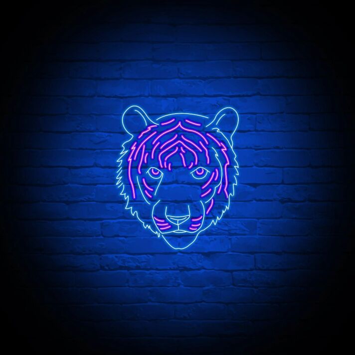 Leuchtendes Tigerkopf Motiv LED Neonschild im modernen Linien Design als dekorative Neon Wandbeleuchtung