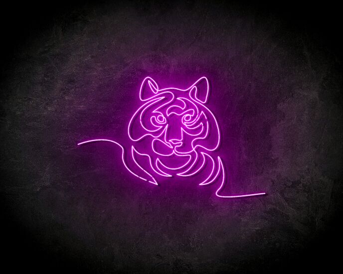 Stilisiertes Tigerkopf Motiv LED Neonschild im eleganten Linien Design mit sanfter Neonbeleuchtung für moderne Wohnraum Wanddekoration