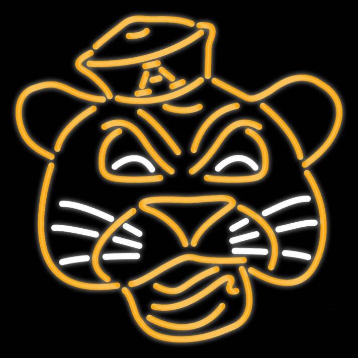 Stilisiertes Tigerkopf LED Neonschild mit humorvollem Hut Motiv im grafischen Linien Design für moderne Wanddekoration
