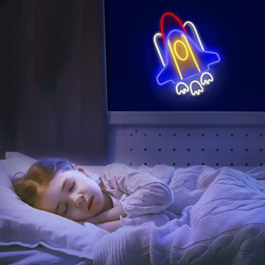 Niedliches Raketen Motiv LED Neonschild als sanftes Nachtlicht für Kinderzimmer Schlafzimmer und moderne Wanddekoration