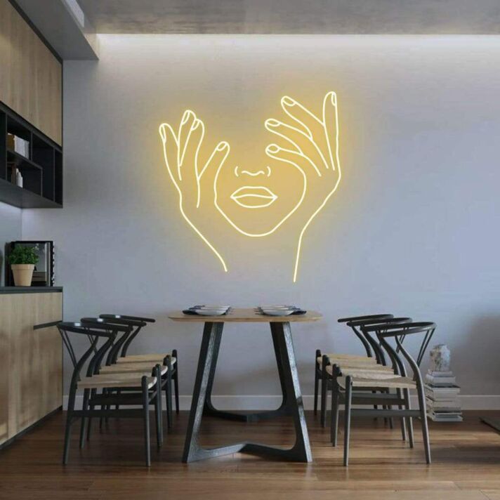 Abstraktes Gesicht mit Händen Neon LED Neonschild