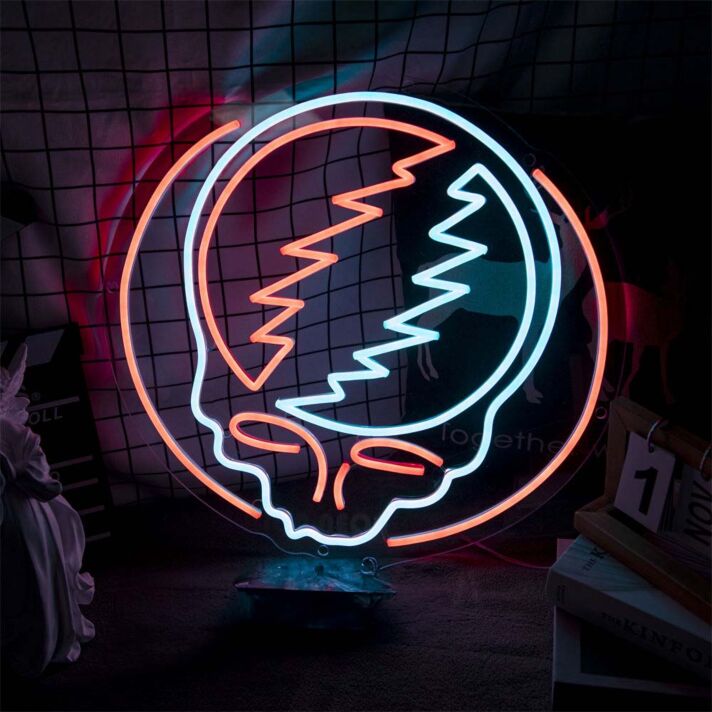 Totenkopf LED Neonschild im modernen Line Art Design als auffällige Wanddekoration für Gaming Zimmer Jugendzimmer und kreative Räume