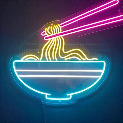 Ramen LED Neonschild mit Schüssel Nudeln und Stäbchen im minimalistischen Design als leuchtende Wanddekoration für Küche Café und moderne Wohnräume