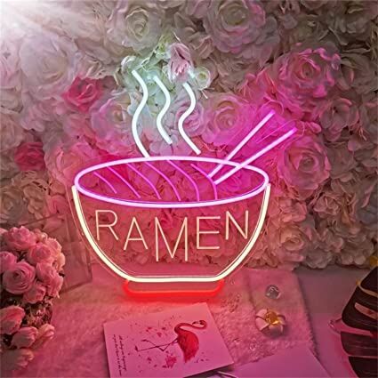 Ramen LED Neonschild mit Schriftzug RAMEN und Nudelschüssel Motiv als dekorative Neon Wandbeleuchtung für Küche Restaurant Café oder Essbereich