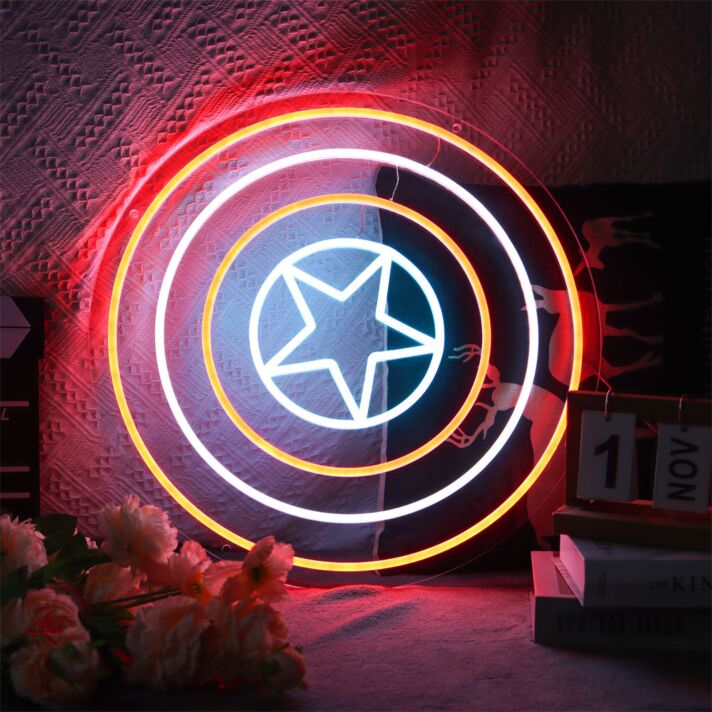 Abstraktes LED Neonschild mit Sternmotiv und geometrischen Kreisen als moderne Wanddekoration