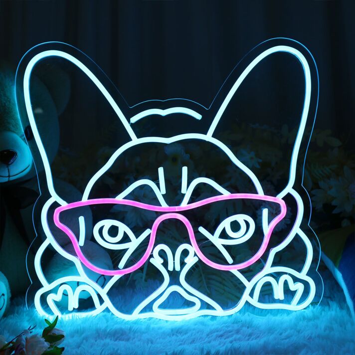 Cooles Französische Bulldogge LED Neonschild mit Sonnenbrille für moderne Wanddekoration