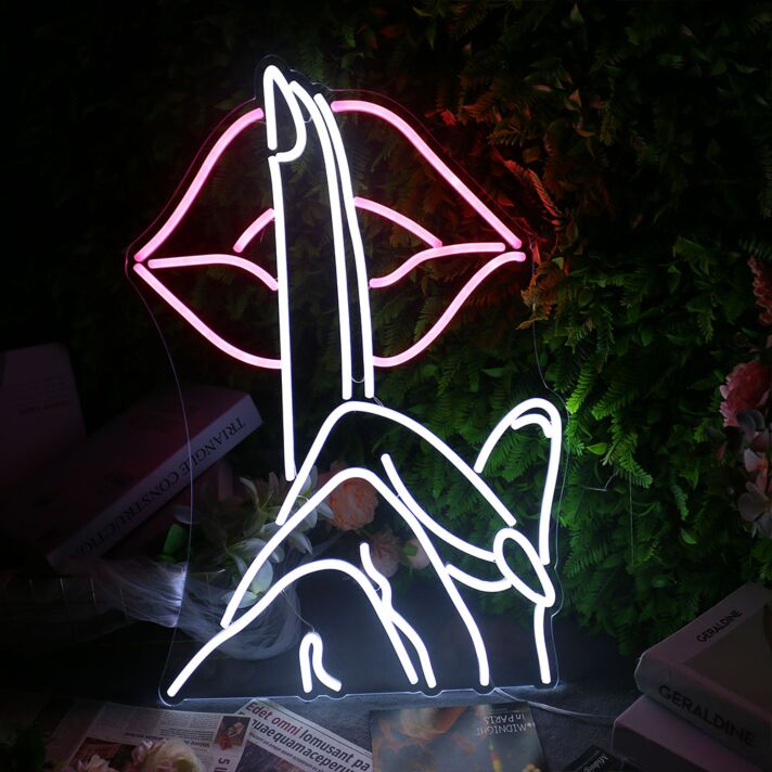 Shh Lips Finger LED Neon Sign Pink and White Aesthetic Wall Decor for Bedroom Bar Studio and Home Lighting