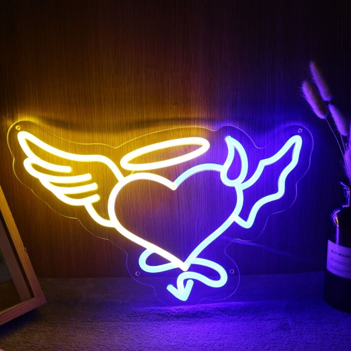 Dekoratives LED Neonschild mit Herz Flügel und Heiligenschein Motiv für Wanddekoration