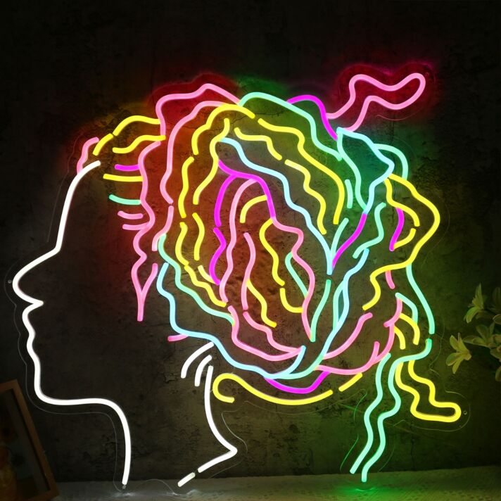 Künstlerisches LED Neonschild Frauenprofil mit farbigem Haar modernes Neon Wandlicht für Wohnzimmer Studio oder kreative Raumdekoration