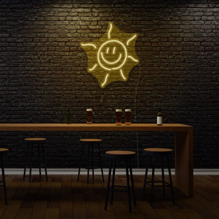 Sonne mit lächelndem Gesicht LED-Neonschild für Bar und Café