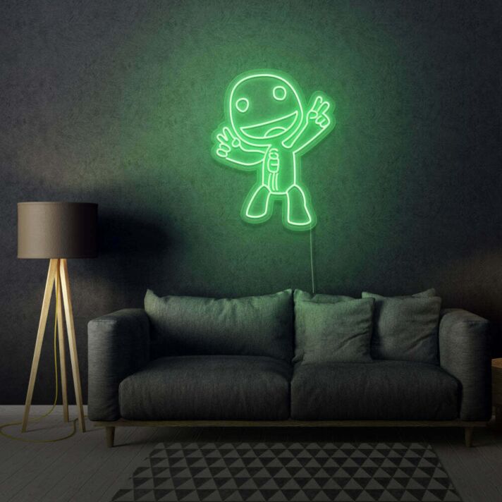 Cartoonfigur mit Peace-Zeichen LED-Neonschild für Wohnzimmer oder Gamingzimmer