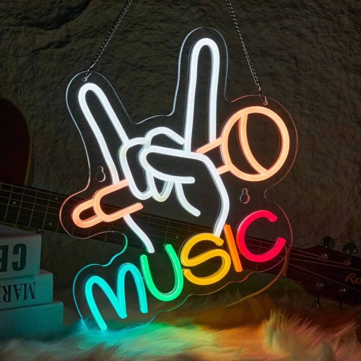 Music LED Neonschild mit Mikrofon und Handmotiv