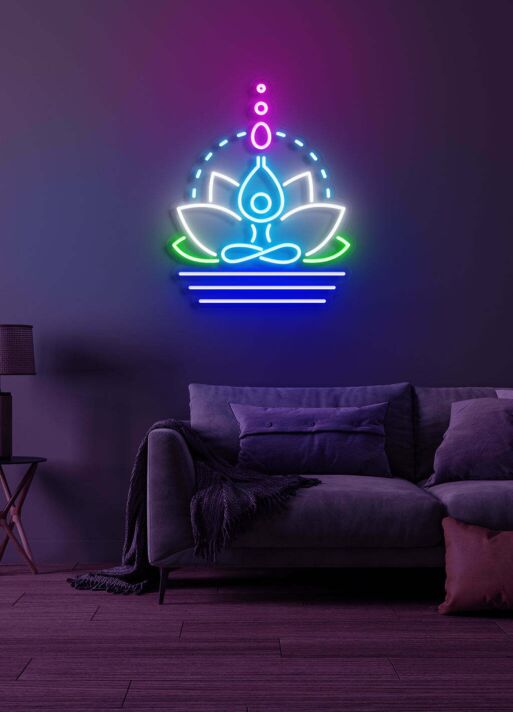 Lotusblume mit meditierender Figur LED-Neonschild für Wohnzimmer Yoga Studio