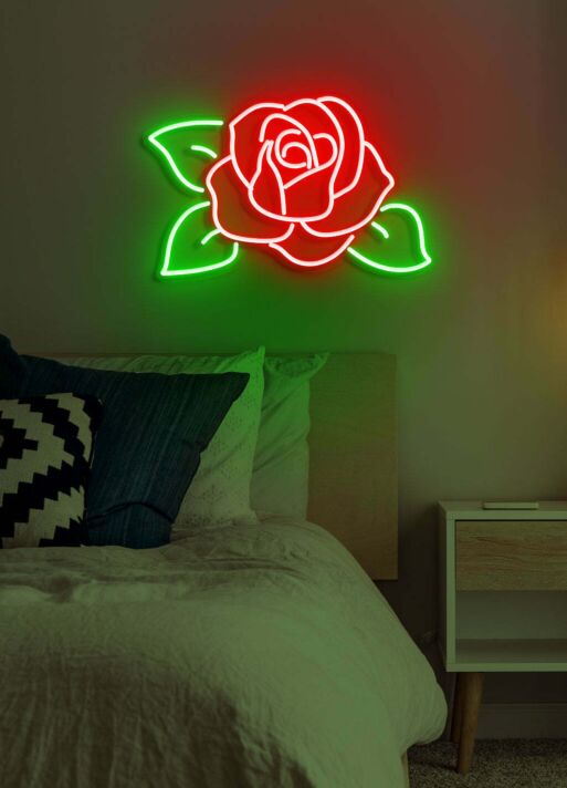 Rote Rose mit Blättern LED-Neonschild für Schlafzimmer Wohnzimmer