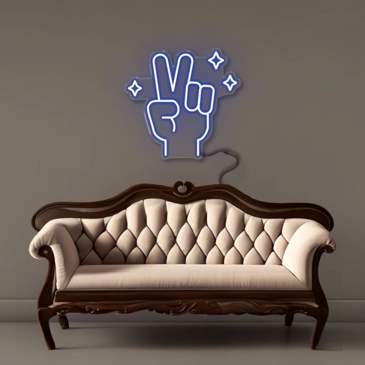 Hand mit Victory Zeichen und Sternen LED-Neonschild Wohnzimmer Lounge