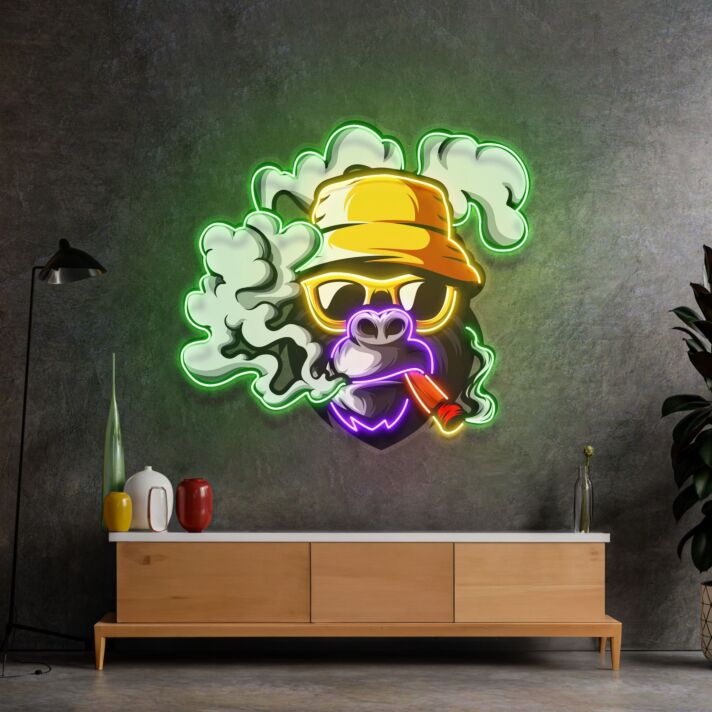 Gorilla mit Hut und Zigarre LED-Neonschild für Bar Wohnzimmer