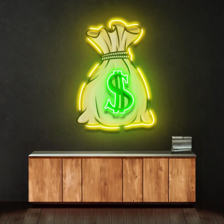 Geldsack mit Dollarzeichen LED-Neonschild für Büro und Gamingzimmer
