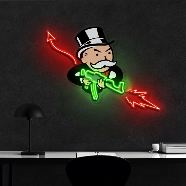 Comicfigur mit Maschinengewehr und Teufelsschwanz LED-Neonschild für Gamingzimmer