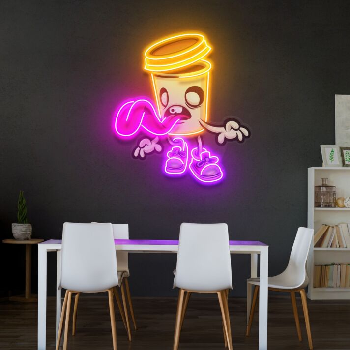 Kaffeebecher mit Comicgesicht LED-Neonschild für Café Küche