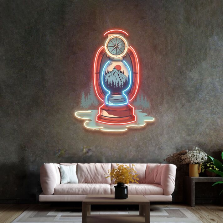 Laterne mit Berglandschaft LED-Neonschild für Wohnzimmer oder Campinglodge