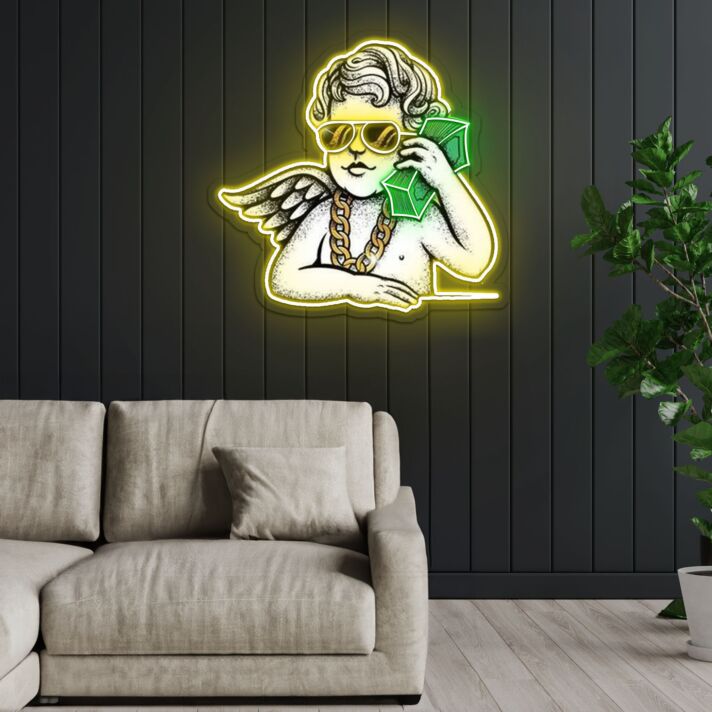 Engel mit Geldscheinen und Halskette LED-Neonschild für Wohnzimmer Lounge