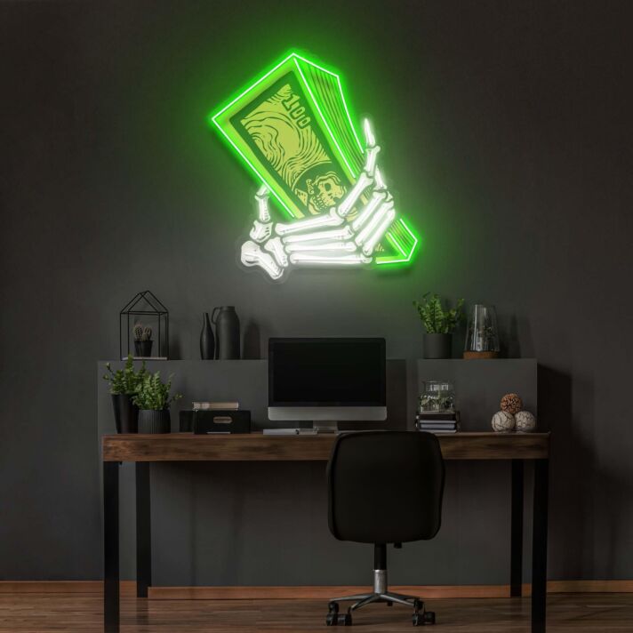 Skelett Hand mit Geldscheinen LED-Neonschild Home Office