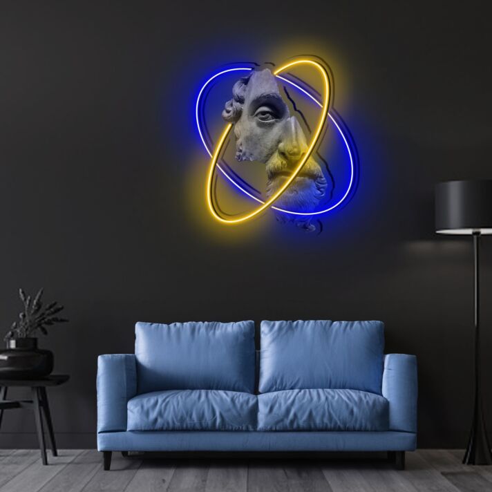 Antikes Skulpturgesicht mit Neonringen LED-Neonschild Wohnzimmer Kunstgalerie